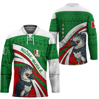 Indigenous Regions of Panama Ngabe-Bugle Hockey Jersey with Harpy Eagle Graphic and Green Red Tribal Pattern 1997 - Wonder Print Shop