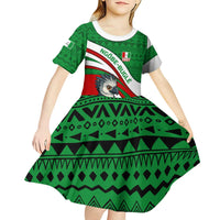 Indigenous Regions of Panama Ngabe-Bugle Kid Short Sleeve Dress with Harpy Eagle Graphic and Green Red Tribal Pattern 1997 - Wonder Print Shop