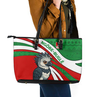 Indigenous Regions of Panama Ngabe-Bugle Leather Tote Bag with Harpy Eagle Graphic and Green Red Tribal Pattern 1997 - Wonder Print Shop