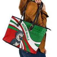 Indigenous Regions of Panama Ngabe-Bugle Leather Tote Bag with Harpy Eagle Graphic and Green Red Tribal Pattern 1997 - Wonder Print Shop