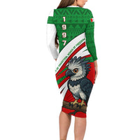 Indigenous Regions of Panama Ngabe-Bugle Long Sleeve Bodycon Dress with Harpy Eagle Graphic and Green Red Tribal Pattern 1997 - Wonder Print Shop