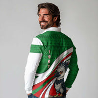 Indigenous Regions of Panama Ngabe-Bugle Long Sleeve Polo Shirt with Harpy Eagle Graphic and Green Red Tribal Pattern 1997 - Wonder Print Shop