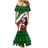 Indigenous Regions of Panama Ngabe-Bugle Mermaid Dress with Harpy Eagle Graphic and Green Red Tribal Pattern 1997 - Wonder Print Shop