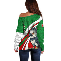 Indigenous Regions of Panama Ngabe-Bugle Off Shoulder Sweater with Harpy Eagle Graphic and Green Red Tribal Pattern 1997 - Wonder Print Shop