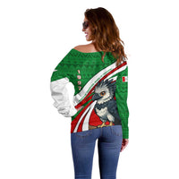 Indigenous Regions of Panama Ngabe-Bugle Off Shoulder Sweater with Harpy Eagle Graphic and Green Red Tribal Pattern 1997 - Wonder Print Shop