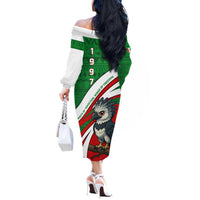 Indigenous Regions of Panama Ngabe-Bugle Off The Shoulder Long Sleeve Dress with Harpy Eagle Graphic and Green Red Tribal Pattern 1997 - Wonder Print Shop