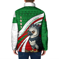 Indigenous Regions of Panama Ngabe-Bugle Padded Jacket with Harpy Eagle Graphic and Green Red Tribal Pattern 1997 - Wonder Print Shop