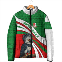 Indigenous Regions of Panama Ngabe-Bugle Padded Jacket with Harpy Eagle Graphic and Green Red Tribal Pattern 1997 - Wonder Print Shop