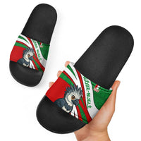 Indigenous Regions of Panama Ngabe-Bugle Slide Sandals with Harpy Eagle Graphic and Green Red Tribal Pattern 1997 - Wonder Print Shop