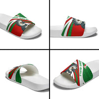 Indigenous Regions of Panama Ngabe-Bugle Slide Sandals with Harpy Eagle Graphic and Green Red Tribal Pattern 1997 - Wonder Print Shop