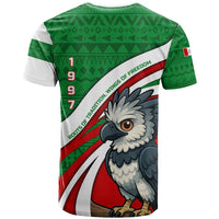 Indigenous Regions of Panama Ngabe-Bugle T Shirt with Harpy Eagle Graphic and Green Red Tribal Pattern 1997 - Wonder Print Shop