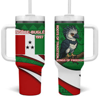 Indigenous Regions of Panama Ngabe-Bugle Tumbler With Handle with Harpy Eagle Graphic and Green Red Tribal Pattern 1997 - Wonder Print Shop