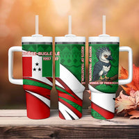 Indigenous Regions of Panama Ngabe-Bugle Tumbler With Handle with Harpy Eagle Graphic and Green Red Tribal Pattern 1997 - Wonder Print Shop