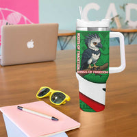 Indigenous Regions of Panama Ngabe-Bugle Tumbler With Handle with Harpy Eagle Graphic and Green Red Tribal Pattern 1997 - Wonder Print Shop