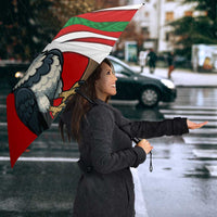 Indigenous Regions of Panama Ngabe-Bugle Umbrella with Harpy Eagle Graphic and Green Red Tribal Pattern 1997 - Wonder Print Shop