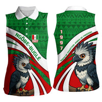 Indigenous Regions of Panama Ngabe-Bugle Women Sleeveless Polo Shirt with Harpy Eagle Graphic and Green Red Tribal Pattern 1997 - Wonder Print Shop