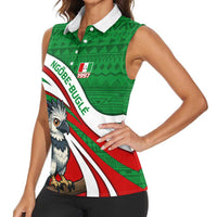 Indigenous Regions of Panama Ngabe-Bugle Women Sleeveless Polo Shirt with Harpy Eagle Graphic and Green Red Tribal Pattern 1997 - Wonder Print Shop
