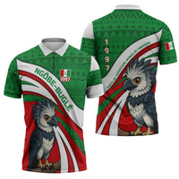 Indigenous Regions of Panama Ngabe-Bugle Zipper Polo Shirt with Harpy Eagle Graphic and Green Red Tribal Pattern 1997 - Wonder Print Shop