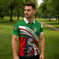 Indigenous Regions of Panama Ngabe-Bugle Zipper Polo Shirt with Harpy Eagle Graphic and Green Red Tribal Pattern 1997 - Wonder Print Shop