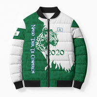 Indigenous Regions of Panama Naso Tjer Di Comarca Bomber Puffer Jacket with Jaguar Graphic and Green White Territory and Life 2020 - Wonder Print Shop