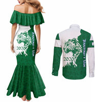 Indigenous Regions of Panama Naso Tjer Di Comarca Couples Matching Mermaid Dress and Long Sleeve Button Shirt with Jaguar Graphic and Green White Territory and Life 2020 - Wonder Print Shop