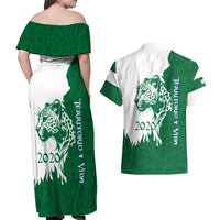 Indigenous Regions of Panama Naso Tjer Di Comarca Couples Matching Off Shoulder Maxi Dress and Hawaiian Shirt with Jaguar Graphic and Green White Territory and Life 2020 - Wonder Print Shop