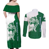 Indigenous Regions of Panama Naso Tjer Di Comarca Couples Matching Off Shoulder Maxi Dress and Long Sleeve Button Shirt with Jaguar Graphic and Green White Territory and Life 2020 - Wonder Print Shop