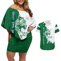 Indigenous Regions of Panama Naso Tjer Di Comarca Couples Matching Off Shoulder Short Dress and Hawaiian Shirt with Jaguar Graphic and Green White Territory and Life 2020 - Wonder Print Shop