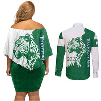Indigenous Regions of Panama Naso Tjer Di Comarca Couples Matching Off Shoulder Short Dress and Long Sleeve Button Shirt with Jaguar Graphic and Green White Territory and Life 2020 - Wonder Print Shop