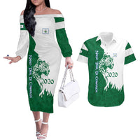 Indigenous Regions of Panama Naso Tjer Di Comarca Couples Matching Off The Shoulder Long Sleeve Dress and Hawaiian Shirt with Jaguar Graphic and Green White Territory and Life 2020 - Wonder Print Shop