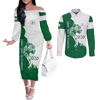 Indigenous Regions of Panama Naso Tjer Di Comarca Couples Matching Off The Shoulder Long Sleeve Dress and Long Sleeve Button Shirt with Jaguar Graphic and Green White Territory and Life 2020 - Wonder Print Shop