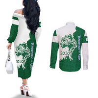 Indigenous Regions of Panama Naso Tjer Di Comarca Couples Matching Off The Shoulder Long Sleeve Dress and Long Sleeve Button Shirt with Jaguar Graphic and Green White Territory and Life 2020 - Wonder Print Shop