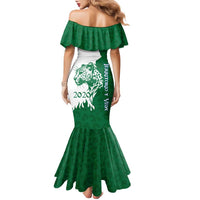 Indigenous Regions of Panama Naso Tjer Di Comarca Family Matching Mermaid Dress and Hawaiian Shirt with Jaguar Graphic and Green White Territory and Life 2020 - Wonder Print Shop
