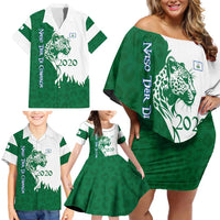 Indigenous Regions of Panama Naso Tjer Di Comarca Family Matching Off Shoulder Short Dress and Hawaiian Shirt with Jaguar Graphic and Green White Territory and Life 2020 - Wonder Print Shop