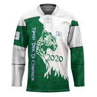 Indigenous Regions of Panama Naso Tjer Di Comarca Hockey Jersey with Jaguar Graphic and Green White Territory and Life 2020 - Wonder Print Shop