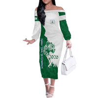 Indigenous Regions of Panama Naso Tjer Di Comarca Off The Shoulder Long Sleeve Dress with Jaguar Graphic and Green White Territory and Life 2020 - Wonder Print Shop