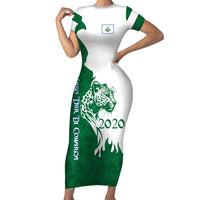 Indigenous Regions of Panama Naso Tjer Di Comarca Short Sleeve Bodycon Dress with Jaguar Graphic and Green White Territory and Life 2020 - Wonder Print Shop