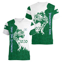 Indigenous Regions of Panama Naso Tjer Di Comarca Women V-Neck T-Shirt with Jaguar Graphic and Green White Territory and Life 2020 - Wonder Print Shop