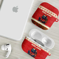 Iceland Christmas AirPods Case with Red Snowflake Pattern Yule Cat and National Coat of Arms Motif - Wonder Print Shop