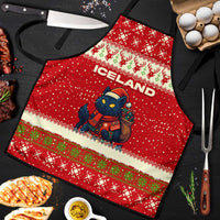 Iceland Christmas Apron with Red Snowflake Pattern Yule Cat and National Coat of Arms Motif - Wonder Print Shop