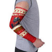 Iceland Christmas Arm Sleeves with Red Snowflake Pattern Yule Cat and National Coat of Arms Motif - Wonder Print Shop