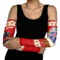 Iceland Christmas Arm Sleeves with Red Snowflake Pattern Yule Cat and National Coat of Arms Motif - Wonder Print Shop