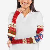 Iceland Christmas Arm Sleeves with Red Snowflake Pattern Yule Cat and National Coat of Arms Motif - Wonder Print Shop