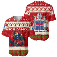 Iceland Christmas Baseball Jersey with Red Snowflake Pattern Yule Cat and National Coat of Arms Motif - Wonder Print Shop