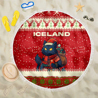 Iceland Christmas Beach Blanket with Red Snowflake Pattern Yule Cat and National Coat of Arms Motif - Wonder Print Shop
