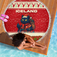 Iceland Christmas Beach Blanket with Red Snowflake Pattern Yule Cat and National Coat of Arms Motif - Wonder Print Shop