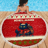 Iceland Christmas Beach Blanket with Red Snowflake Pattern Yule Cat and National Coat of Arms Motif - Wonder Print Shop