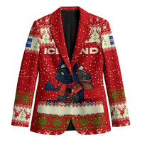 Iceland Christmas Blazer with Red Snowflake Pattern Yule Cat and National Coat of Arms Motif - Wonder Print Shop