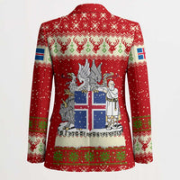 Iceland Christmas Blazer with Red Snowflake Pattern Yule Cat and National Coat of Arms Motif - Wonder Print Shop