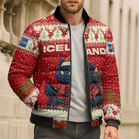 Iceland Christmas Bomber Puffer Jacket with Red Snowflake Pattern Yule Cat and National Coat of Arms Motif - Wonder Print Shop